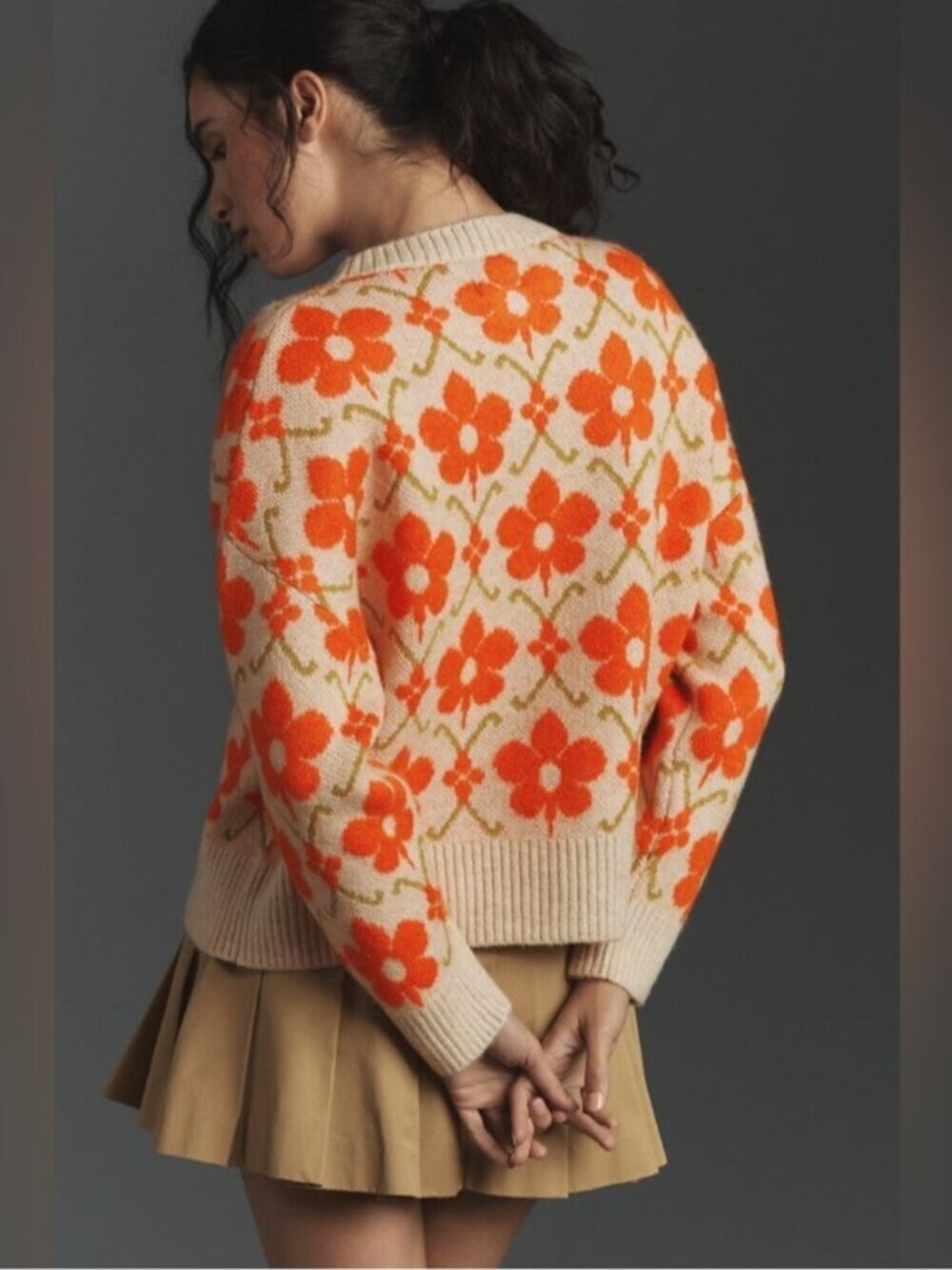 Anthropologie Cream Cardigan with Orange Floral Pattern - Picture 4 of 16